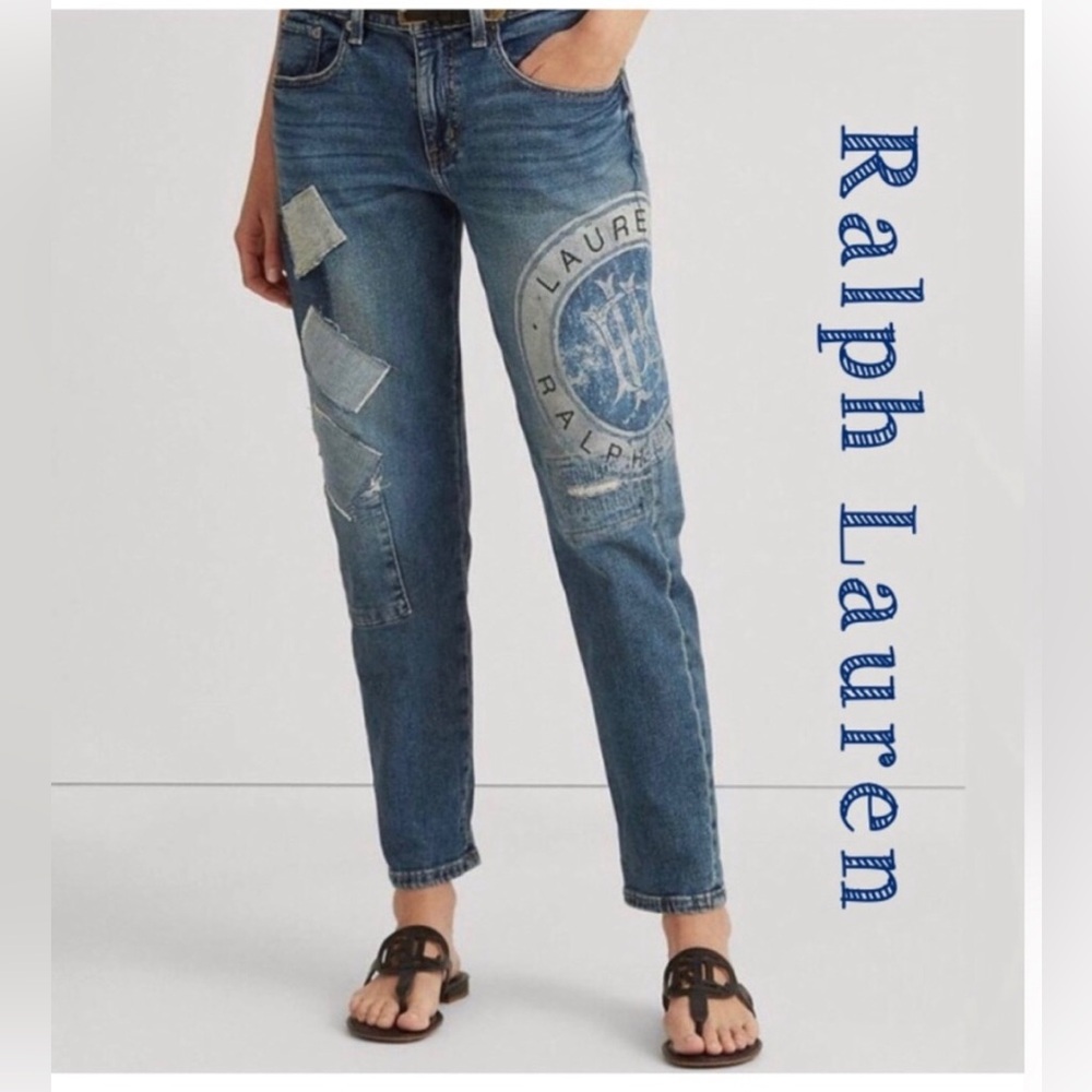 Lauren Ralph Lauren Distressed Blue Patchwork Relaxed Taper Jeans 16W